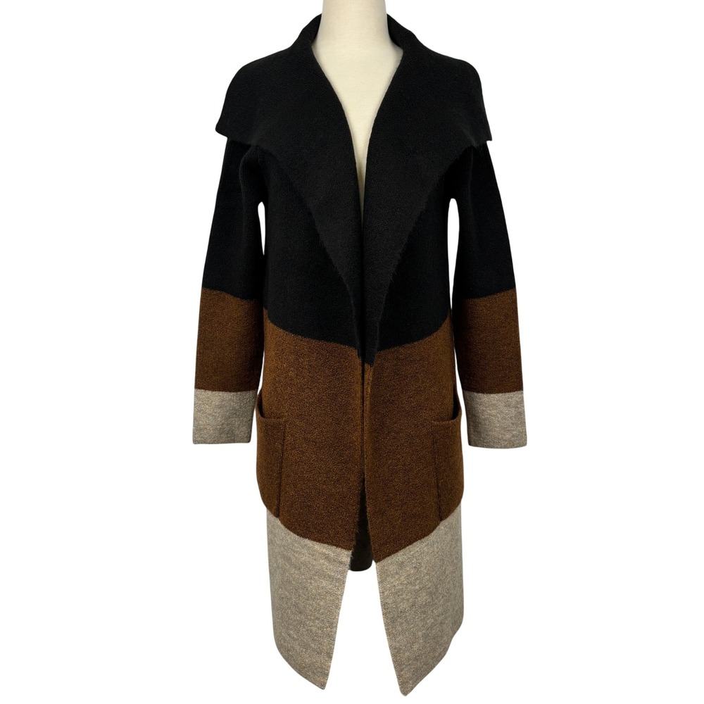 Max Studio Colorblock Longline‎ Cardigan Sweater Black Brown Shawl Collar Small